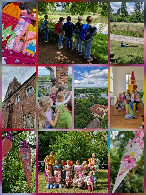 Bildcollage: Kinder auf Ausflug mit Rucksäcken im Park, Blick von einem Turm, Zuckertüten hängen an einem Baum, Gruppenfoto mit Zuckertüten.