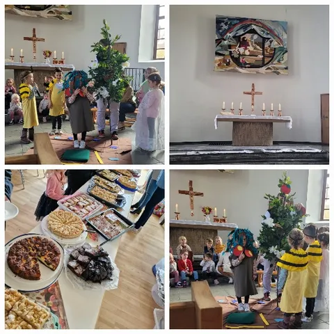 Bildcollage: Kinder in Kostümen spielen vor dem Altar ein Stück, Altar mit Kreuz und Kerzen, ein Tisch mit Kuchen.