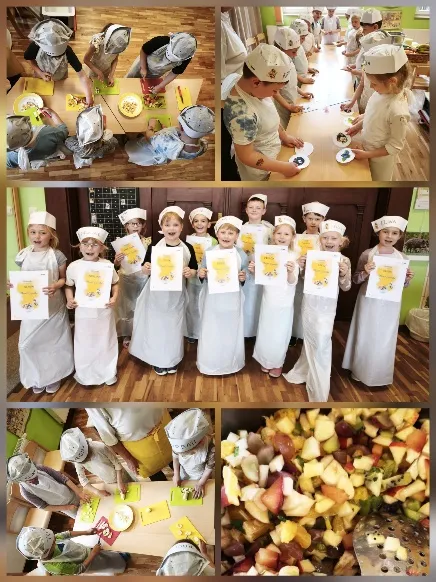 Bildcollage: Kinder mit Kochmützen und Schürzen schneiden Obst, halten Urkunden in den Händen, dazu eine Schüssel Obstsalat.