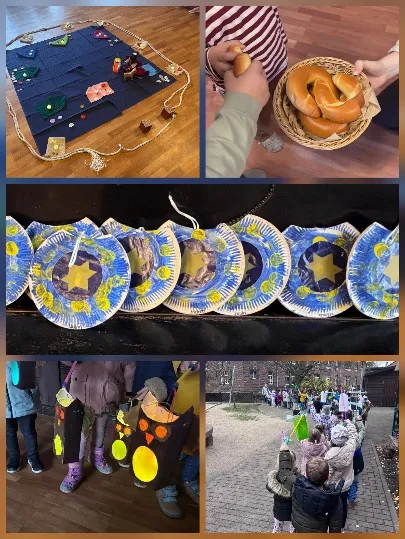 Bildcollage: Bodenbild auf blauem Tuch, Brezeln zum Teilen, gebastelte Teller mit Sternen, Laternen und ein Laternenumzug im Hof.