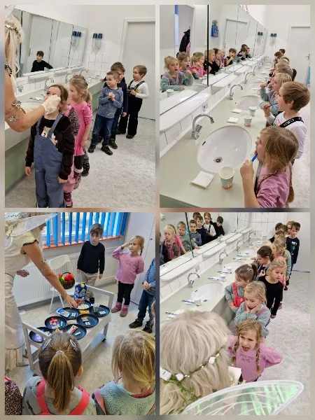 Bildcollage: Kinder putzen in einem Waschraum mit vielen Waschbecken Zähne, eine verkleidete Zahnfee zeigt ihnen etwas.