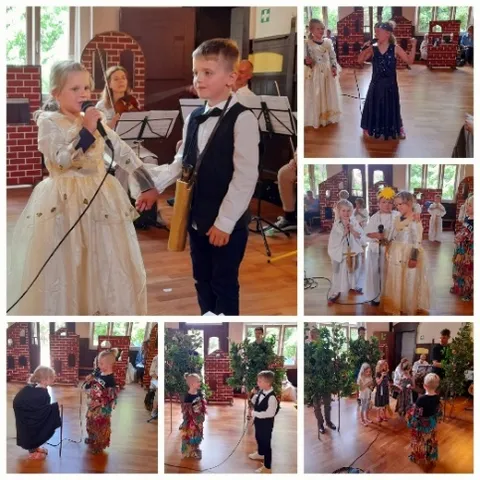 Bildcollage: Kinder in Kostümen spielen auf einer Bühne mit Kulissen, ein Mädchen singt ins Mikrofon.