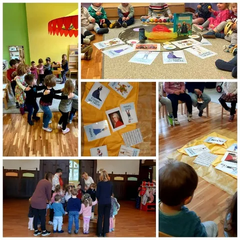 Bildcollage: Kinder tanzen im Kreis und betrachten im Sitzkreis Bildkarten zu Figuren aus der „Zauberflöte“ und zu Mozart.